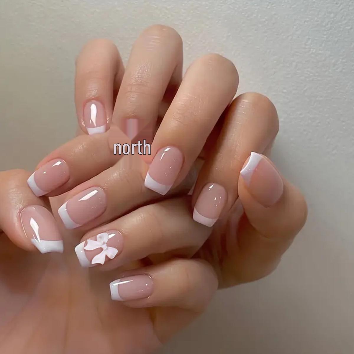 

Minimalist White French Tip Fake Nails with Bow Decoration
