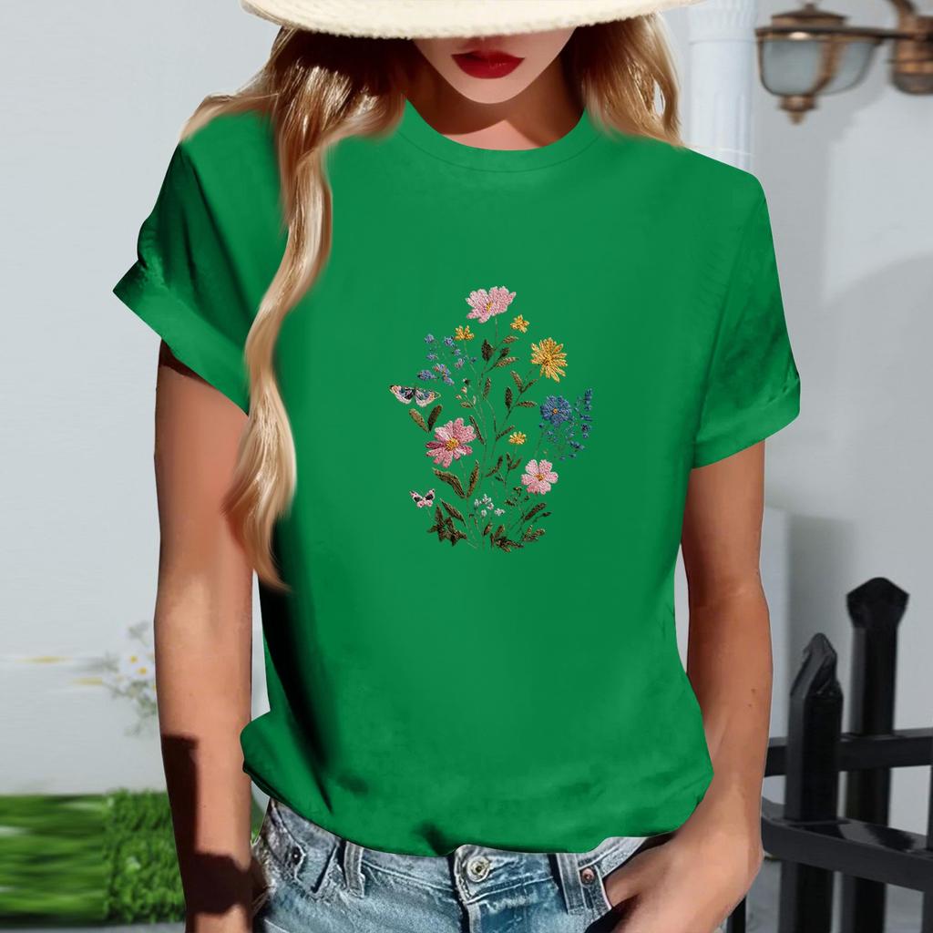 Women's Fashionable Round Neck Casual Retro Print Short Sleeved T-shirt Top