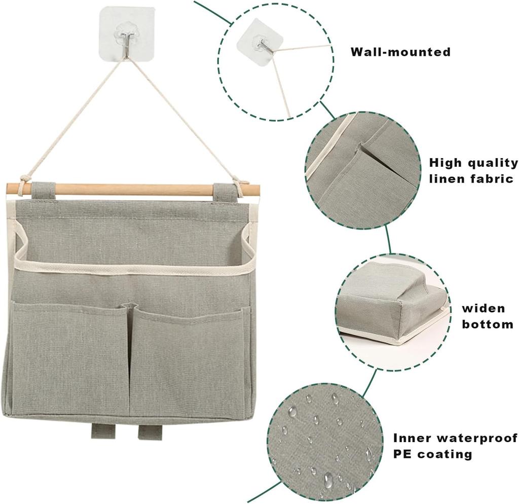 3Pcs Wall Hanging Storage Caddy Bags, Wall Hanging Organizer Bag With Hooks, Linen Cotton Fabric Hanging Wall Door Organizer