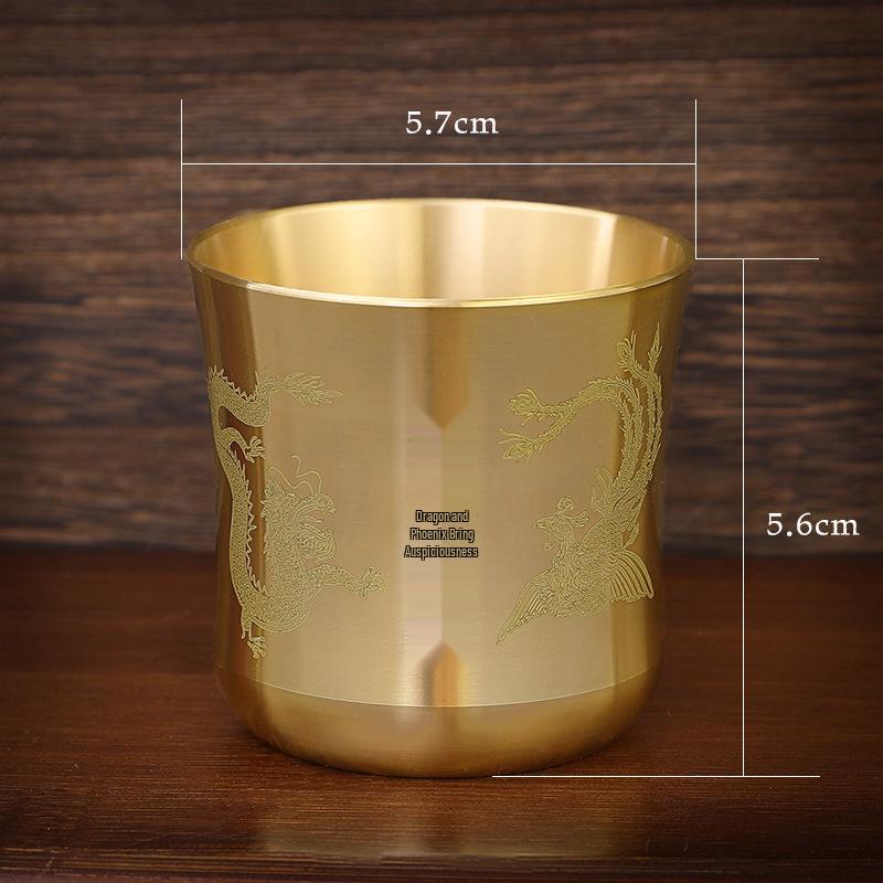 Brass Engraved Dragon & Phoenix Wine Cup for Altar or Tea Table Decoration