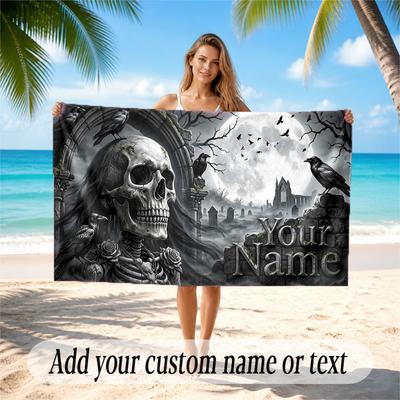 Skull Gothic Theme Beach Towel Personalized Custom Name & Text Soft Quick Dry Beach Towel for Swimming Travel
