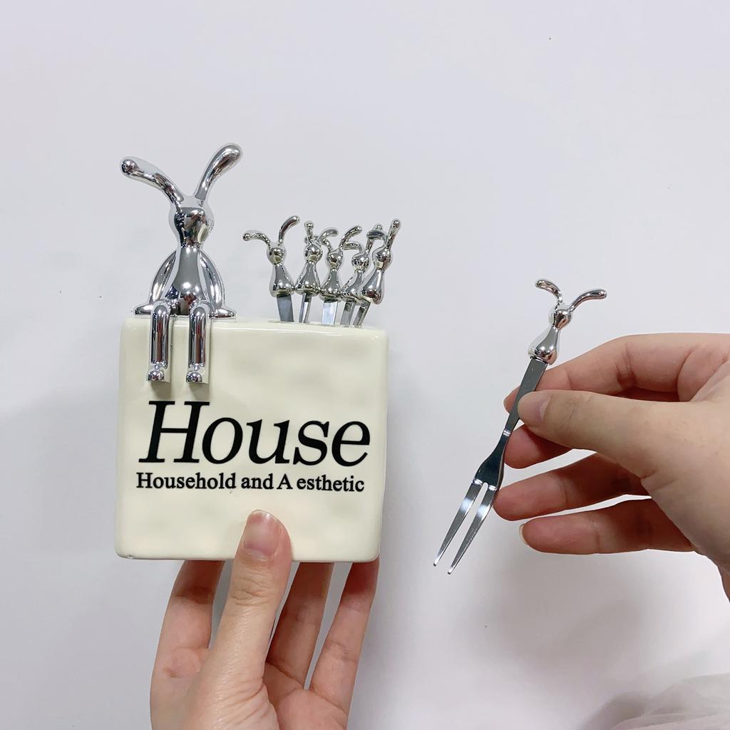 Stainless Steel Fruit Fork Set with Unique Holder Rabbit Dessert Forks Cake Forks Perfect for Home Dining and Parties