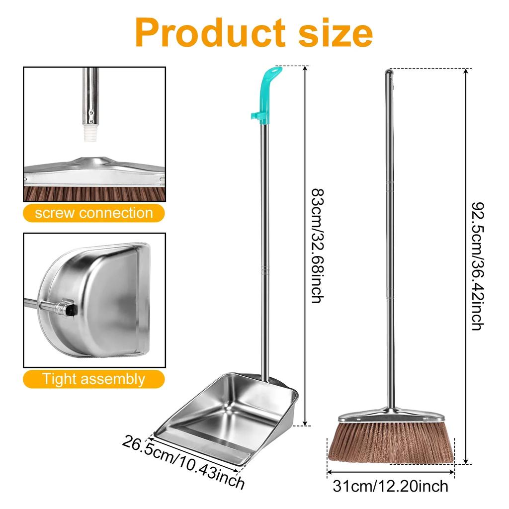 Stainless Steel Broom Dustpan Set with Long Handle Durable Non Stick Hair Sweeping Cleaning Tools for Household Indoor Floor