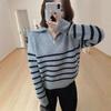 Half zipper striped pullover sweater women's loose short lazy style versatile knitted sweater autumn and winter new