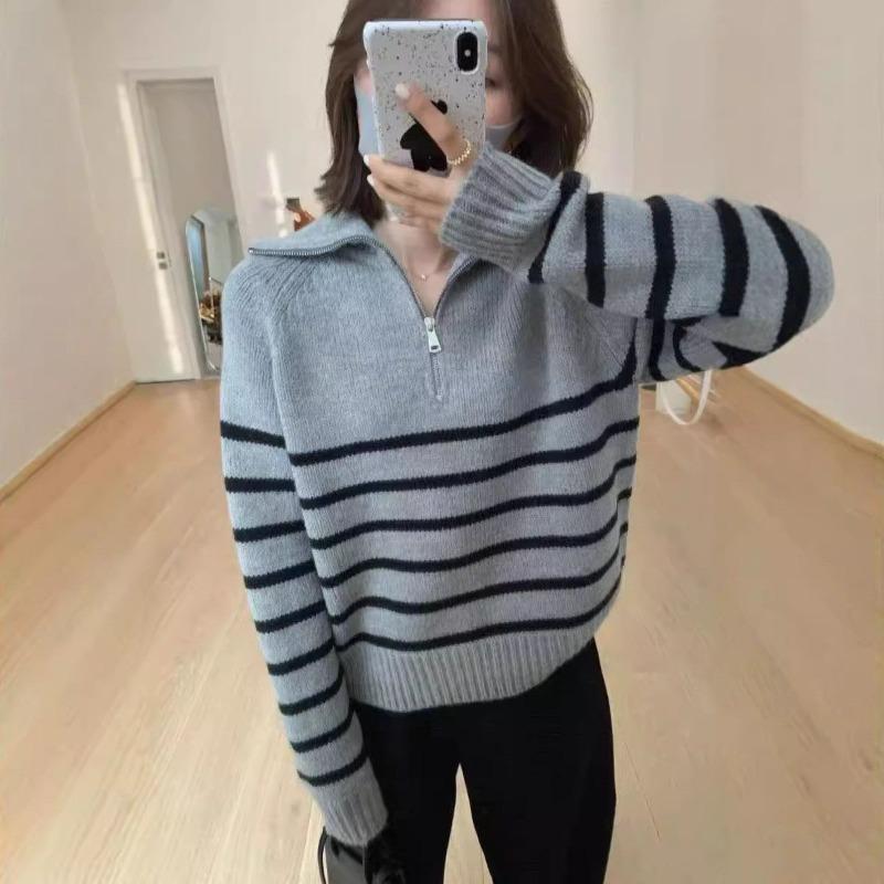 Half zipper striped pullover sweater women's loose short lazy style versatile knitted sweater autumn and winter new