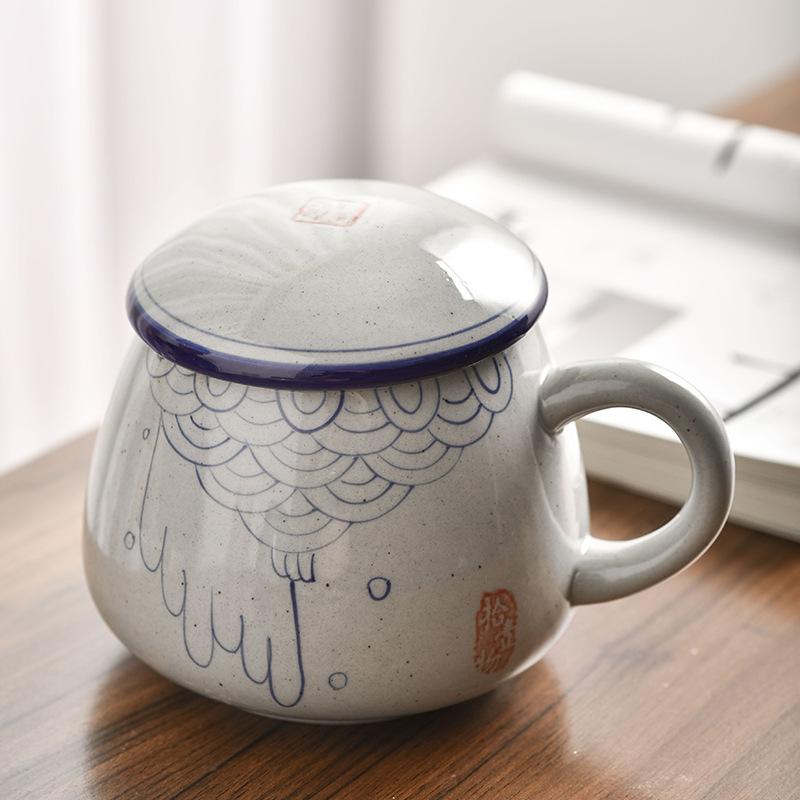 1000Ml Mug Large Capacity Ceramic Cup with Lid Coarse Pottery Hand-painted Office Water Cup Breakfast Cup Coffee Cup