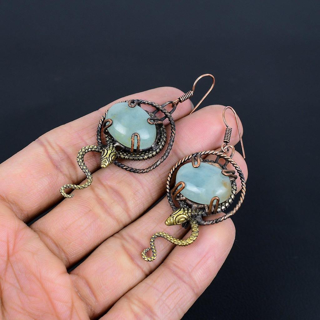 Aquamarine 999 Copper Wire Wrapped Earrings, Handmade Gemstone Earrings Jewelry, Gifts For Wife Brand New Earrings