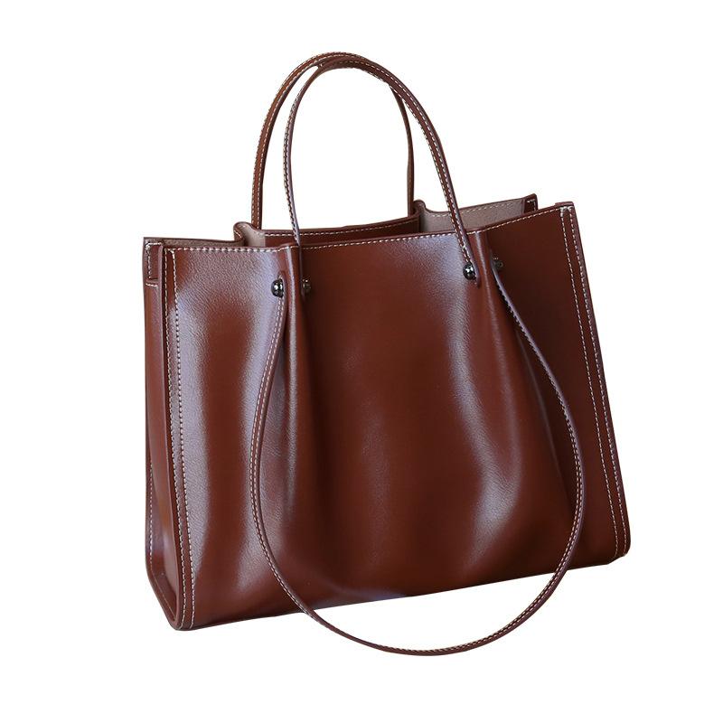 Genuine Leather Women's Bag Korean Autumn and Winter New Large Capacity Commuting Tote Bag Head Layer Cowhide Leather One Shoulder Handbag