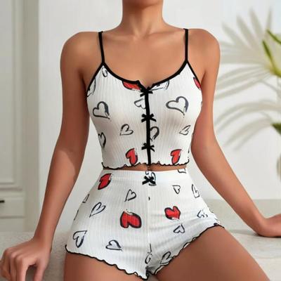 2 Adet/Takım Kadın Yaz Pijama Takımı Kelebek Kalp Baskılı Kolsuz Sırtı Açık Polis