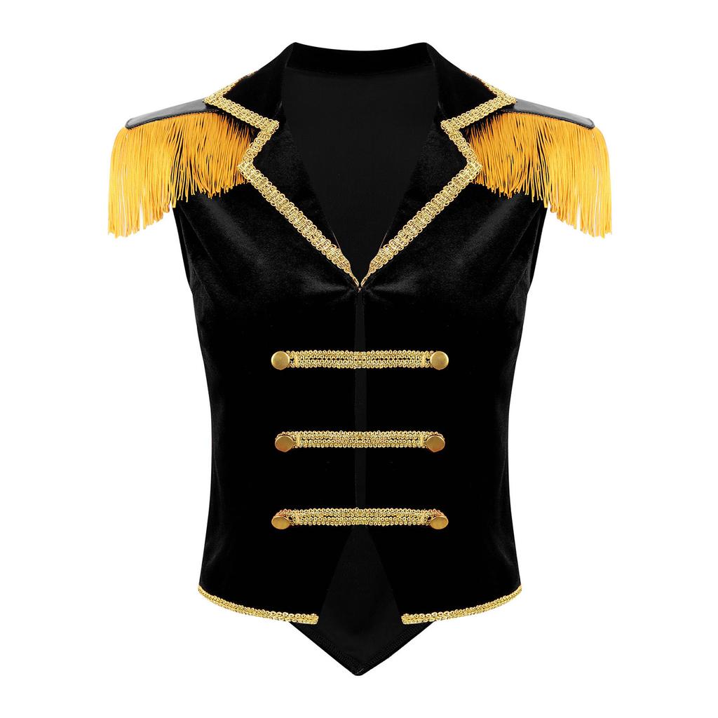 Womens Circus Ringmaster Vest Lapel Sleeveless Tassels Velvet Waistcoat Irregular Hem Button Design Cosplay Costume
