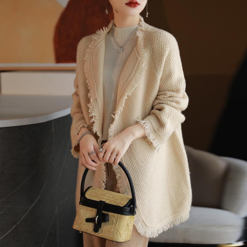 Korean New Soft Waxy Medium And Long Rough Edge Knitted Sweater Women'S Casual Lazy Style Small Sweater Cardigan Jacket Tide