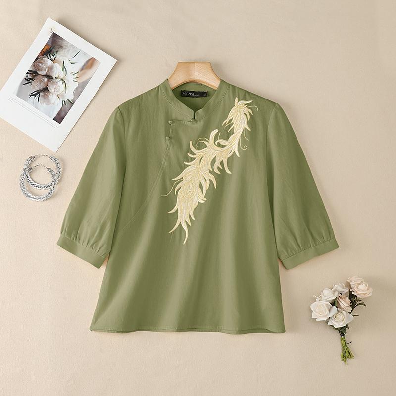 ZANZEA Women Casual Stand Collar Loose 3/4 Sleeve Embroidery Blouse 5XL зелёный