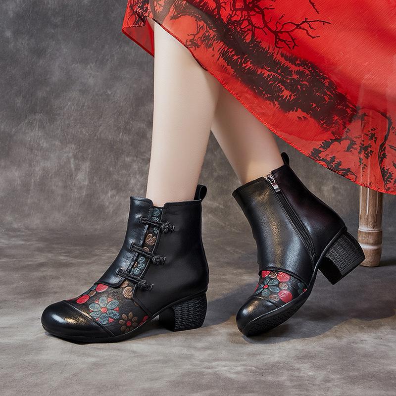 Ethnic Style Women's Shoes New Winter Padded Warm Cotton Shoes Thick with Soft Bottom Head Layer Cowhide Middle-aged Boots