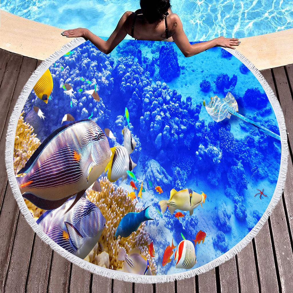 Fish Print Round Beach Towels Soft Microfiber Ocean Animal Print Beach Blanket Quick Dry Pool Towel Picnic Mat For Teens Adults