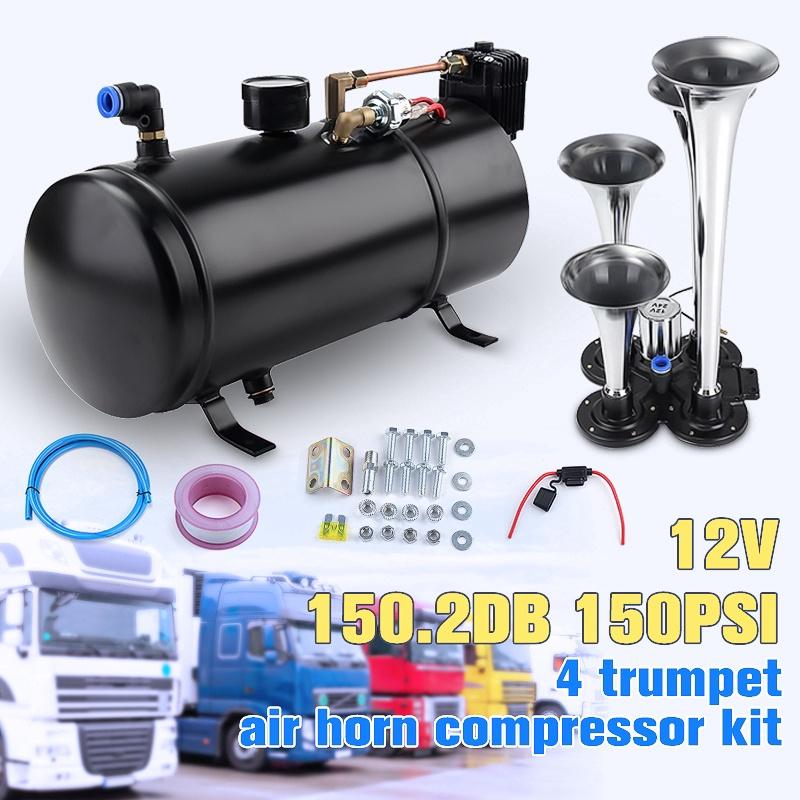 3L 150PSI Air Horn 150 BD Air Compressor and 4 Trumpet Chrome for Truck High Pressure Air