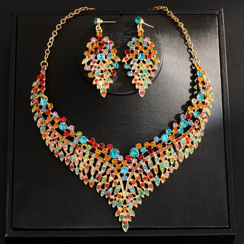 FYUAN Luxury Inlay Rhinestone Necklace Earrings for Women Purple Crystal Water Drop Pendant Wedding Bride Jewelry Sets