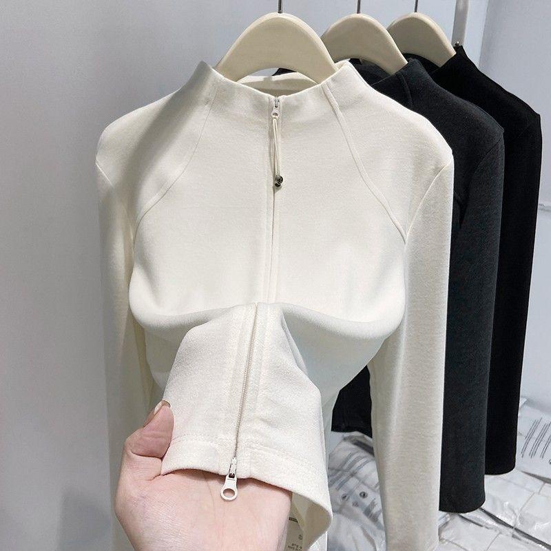 Women's Trendy Black Double Zipper Half-High Collar Fleece Base Layer Top for Autumn/Winter