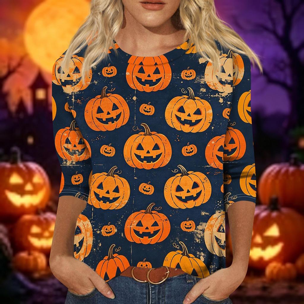Women's Casual 3/4 Sleeve Halloween Graphic Top Crew Neck Printed Shirt Lightweight Comfortable Fit