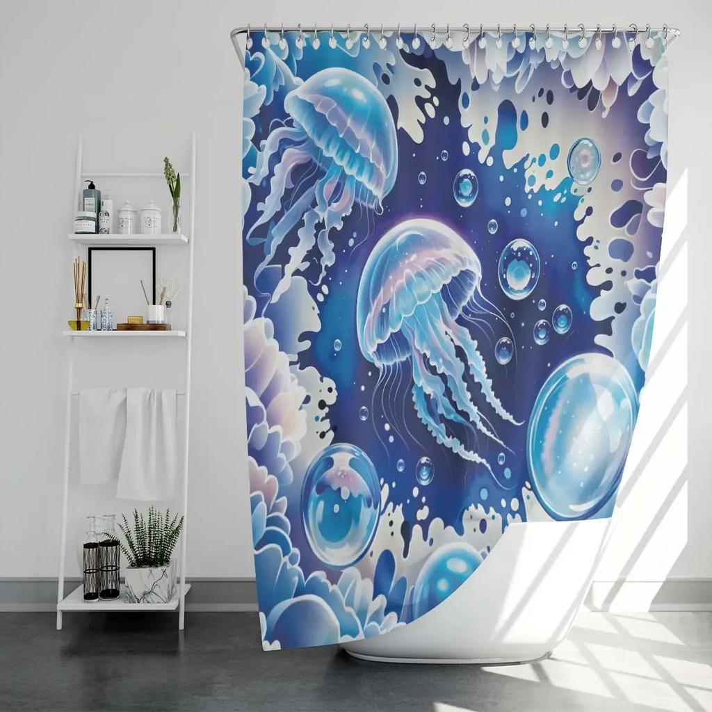 1PC watercolor jellyfish pattern shower curtain, with 12 hooks, for bathroom shower, fashionable bathroom decoration product
