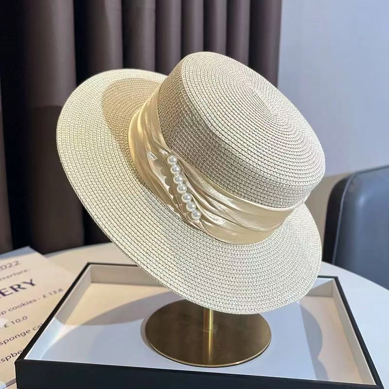 Meimeier Women's new summer retro french pearl straw hat - perfect for beach trips, flat top socialite style