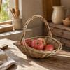 Hand-Woven Wicker Basket Versatile Shallow Oval with Arched Handle Rustic