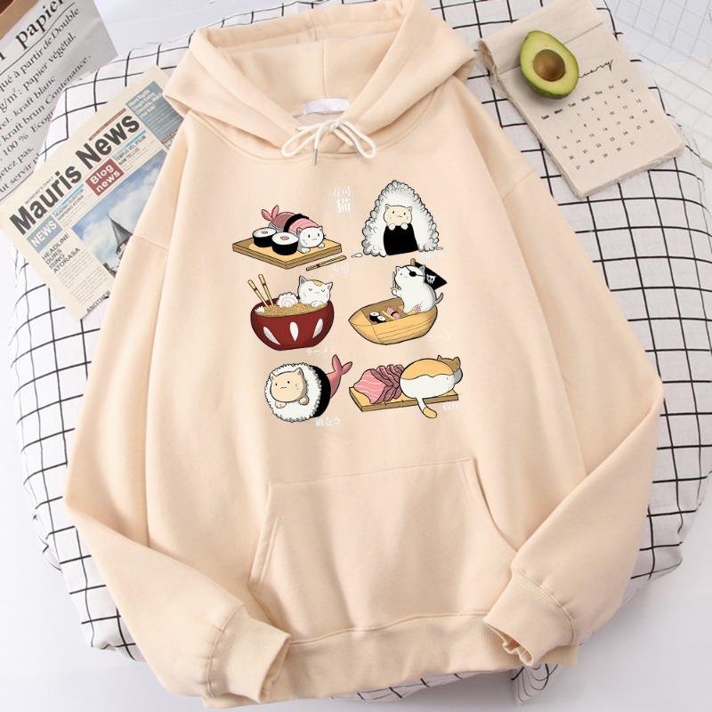 Food Cute Cat Sushi Printed Hoodie Mens Autumn Fleece Oversize Hoody Hip Hop Loose Sweatshirt Soft Oversize  Clothes Tops