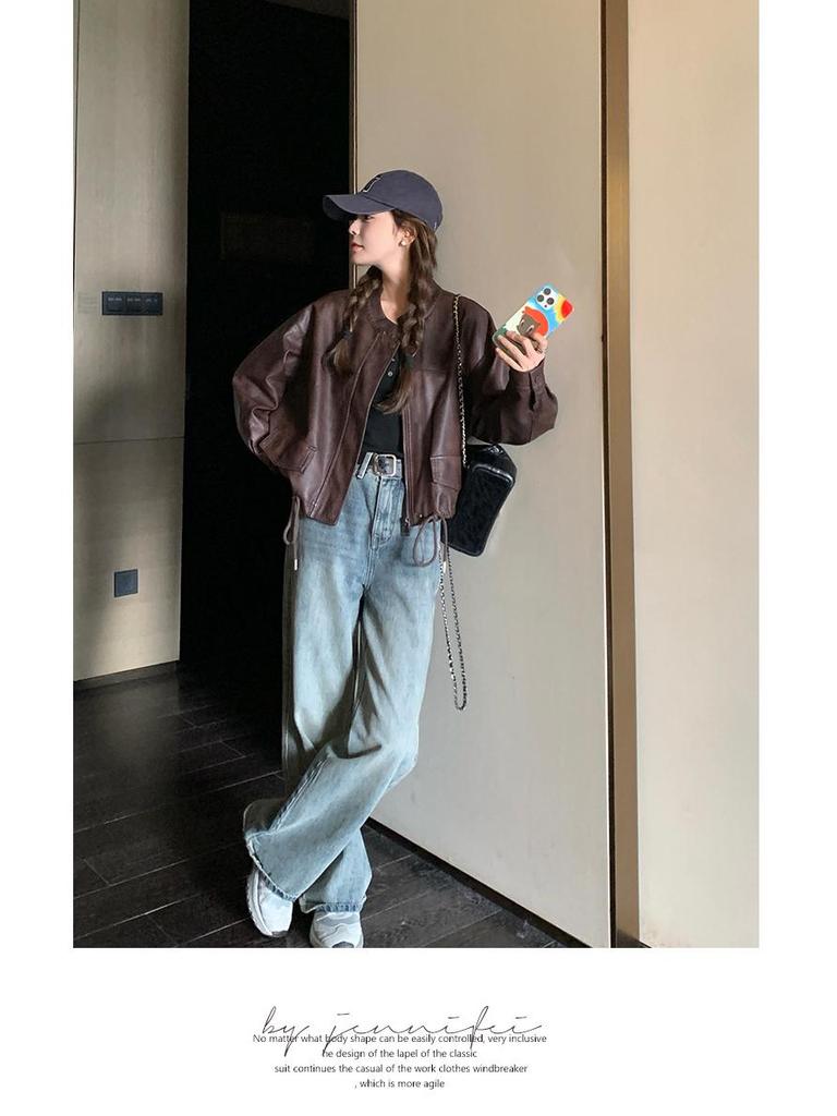 American Retro Casual PU Leather Drawstring Jacket - Autumn 2024, Small Size, Loose Fit, Age-Reducing Design