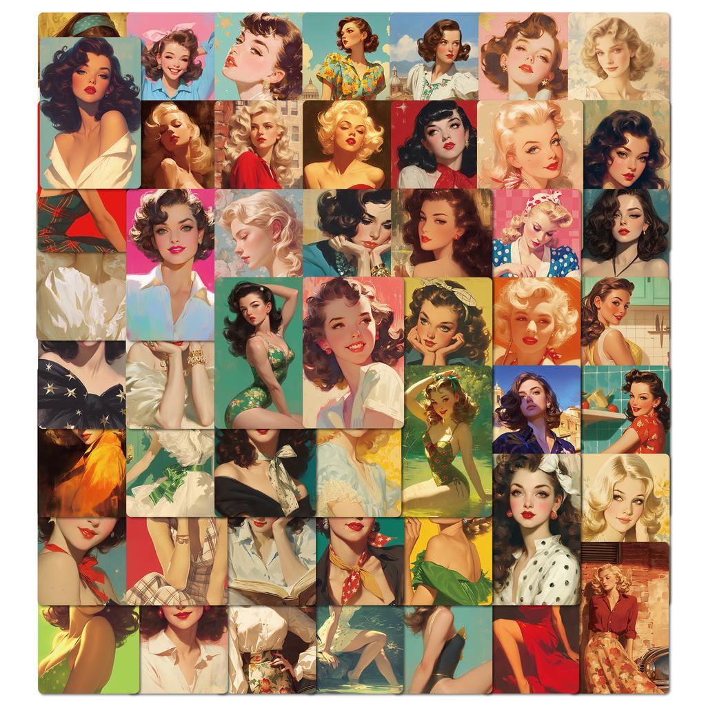 Sada 50 ks retro samolepek s pin-up dívkami, vintage americké sexy lady graffiti nálepky na dekoraci