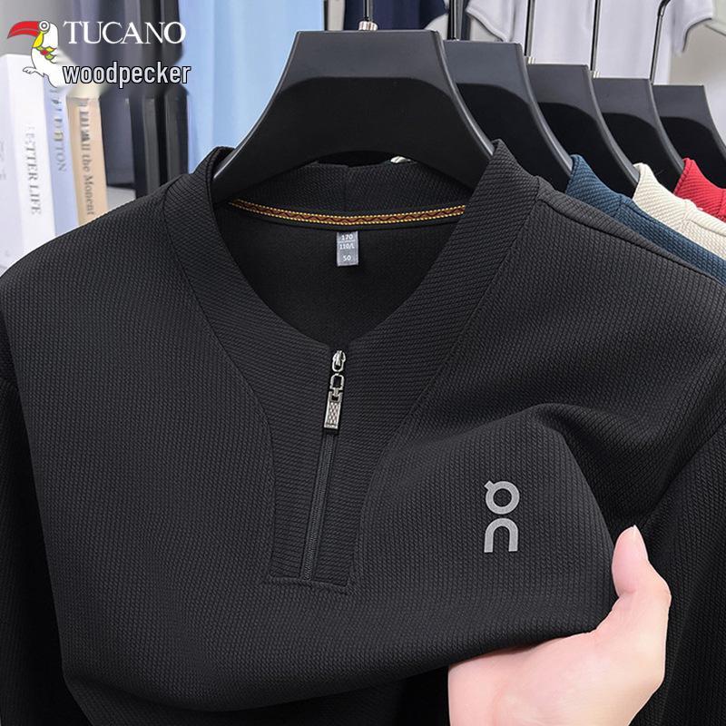 Woodpecker Men's Lightweight Half-Zip Cotton Crew Neck Long Sleeve T-Shirt for Spring & Fall