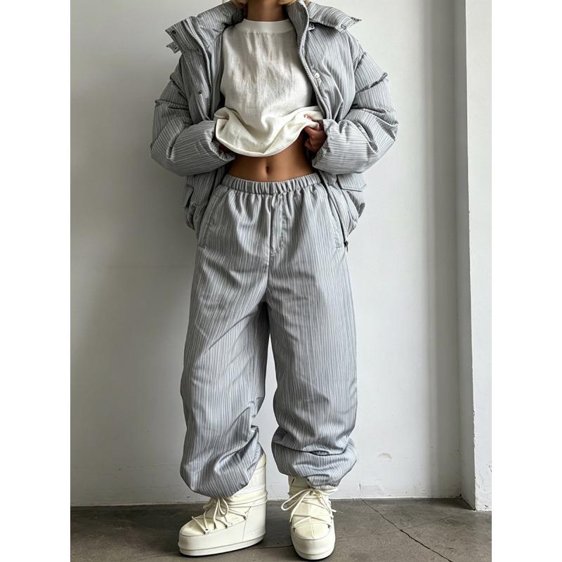 Women Loose Drawstring Striped Warm Thick Hooded Winter Puffer Coat
