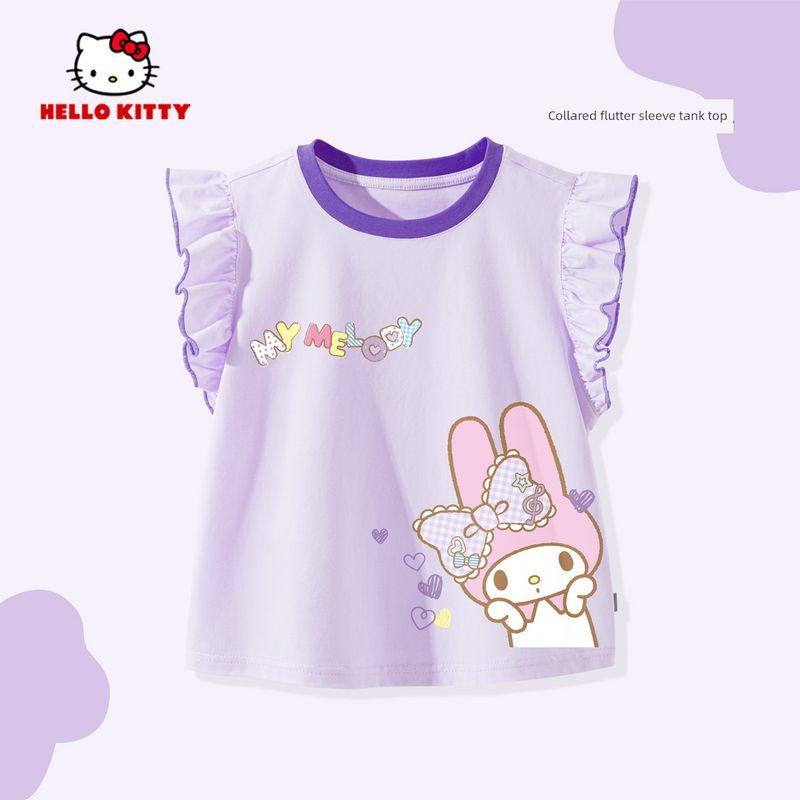 Hello Kitty Girls' T-Shirt Summer 2025 New Pink Girls' Flutter Sleeve Top Pure Cotton Children's Summer Clothing