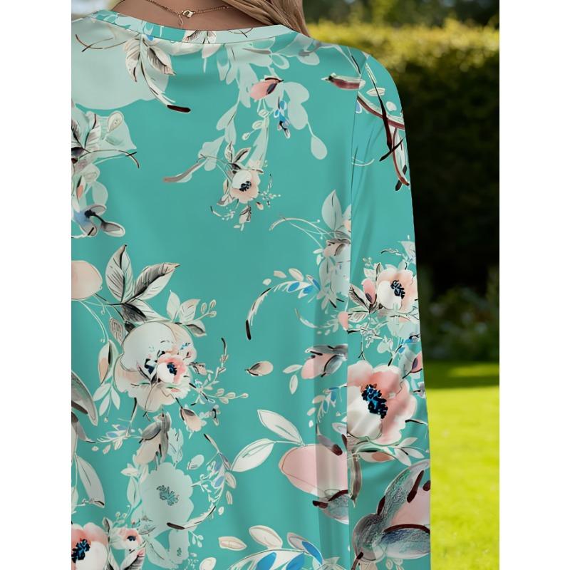 Women's plus size spring floral loose long-sleeved top with pockets