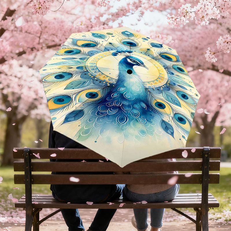 1PC Peacock Feathers Automatic Open/Close Umbrella Compact Folding Umbrella with 8-Rib Shaft lightweight esign, Fashion Lovers1250A