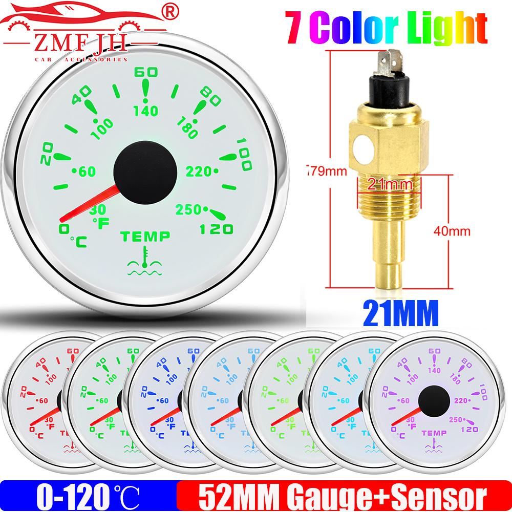 0~120℃,30~250℉ 52MM Water Temperature Gauge+Water Temp Sensor 10.2MM,12MM,16MM,17MM,21MM 7 Color Light for Boat Yacht Car 12V24V