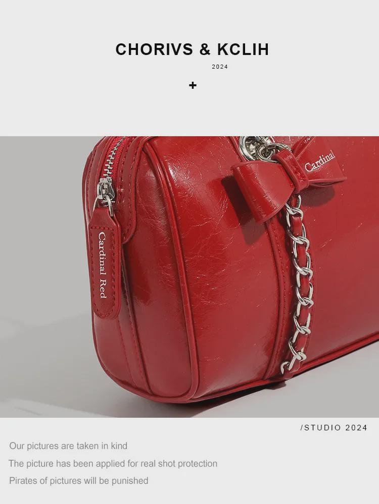 Korean-Style Boston Wax Leather Handbag with Bow Accent