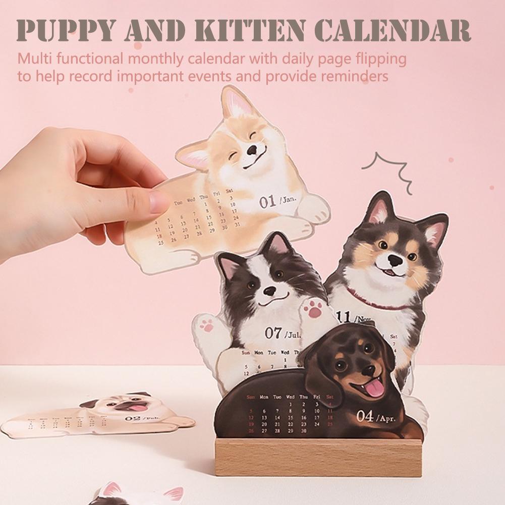 2026 Cartoon Dog Cat Card Insert Desk Calendar Monthly Planner With Wooden Base Desktop Decor For Monthly Schedule Organizer