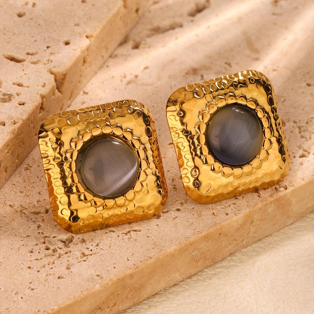 French Retro Turquoise Square Earrings 1111 Trendy Niche Design Sense Premium Earrings Titanium Steel Earrings