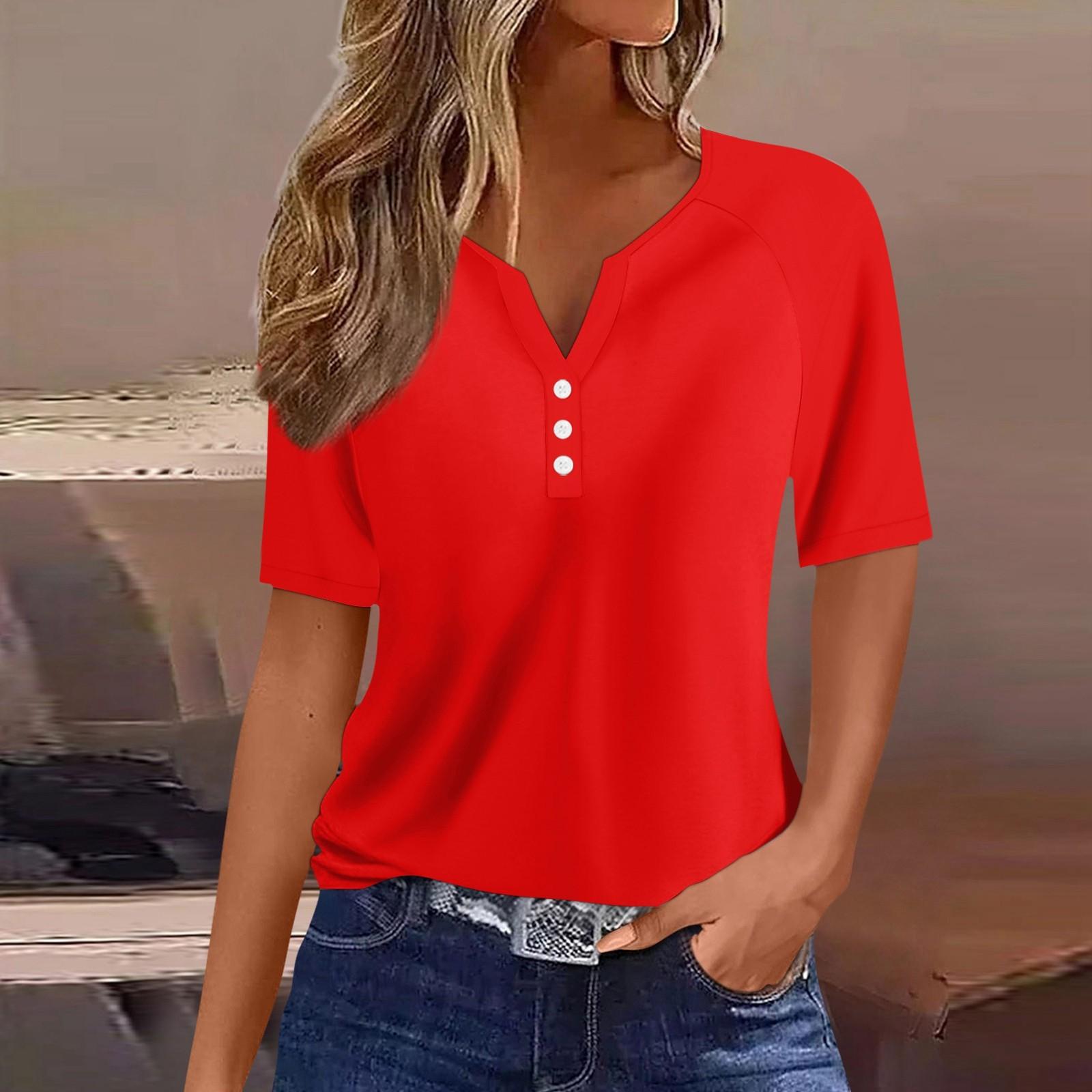 

Женская футболка Футболка с принтом и пуговицами Рукав реглан Повседневные Выходные Мода Классический V-образный вырез Обычный Топ XXXL красный