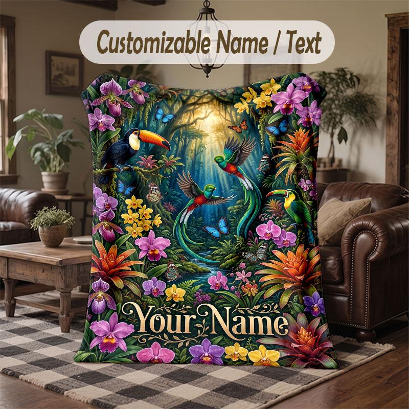 Birds Theme Throw Blanket Custom Name Text Personalized Blanket Soft Cozy Blanket for Home Sofa Bed