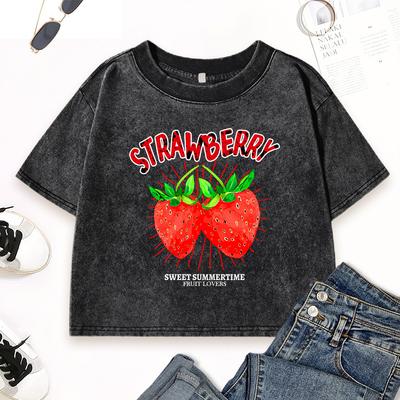 Červená Jahoda Sladké Letní Potisky Dámský Praný Crop Top Street Fitness Krátký Rukáv Bavlna Letní Tričko Topy