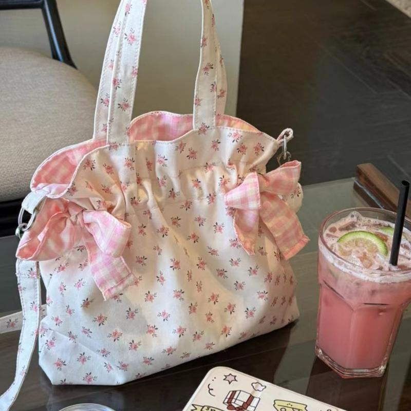 Cute Floral Print Handbag 3-in-1 Versatile Storage Shoulder Bag With Bow Decor Ruffle Edge Design Women Pink Crossbody Phe Bag
