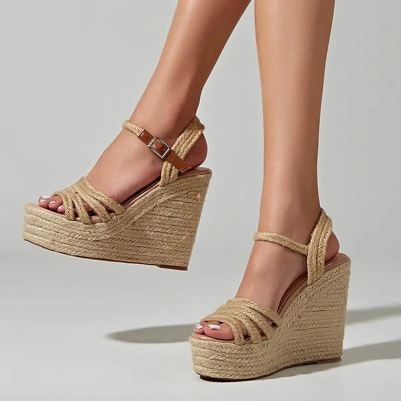 Fashion 2024 New design bohemian wedges platform peep toe sandals ankle strap high heel comfort casual shoes pumps rope sole