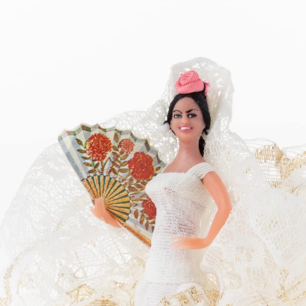 Spanish Flamenco Doll, White, with Fan, Flamenco Dancer, Marin, White Dance Costume, Sma-705w