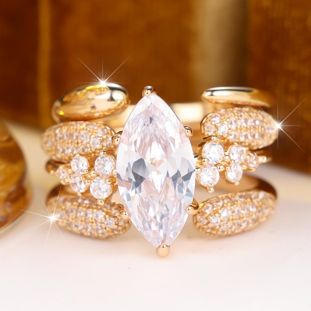 Stunning Gold Color Marquise Zircon Ring Set for Women Wedding Banquet Fashion Jewelry Gift