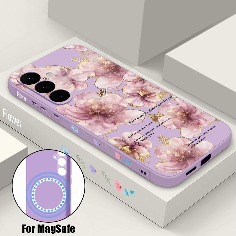

Purple Flowers Print Case For Samsung Galaxy S26 S25 Ultra S24 S23 FE S22 Plus S21 Built-in Metal Plate Magnetic Silicone Cover Samsung S23 FE фиолетовый