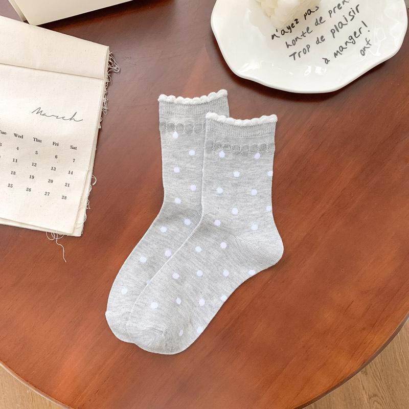 Women's Spring and Summer Thin Color Polka Dot Lace Bubble Mouth Tube Cotton Socks