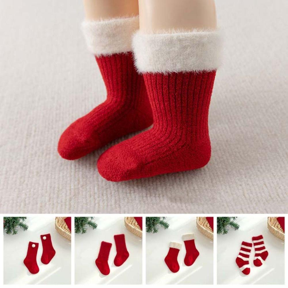 5Paits Stripe New Year Red Socks Thicken Warm Toddle Tube Socks Baby Plush Red Socks  Autumn