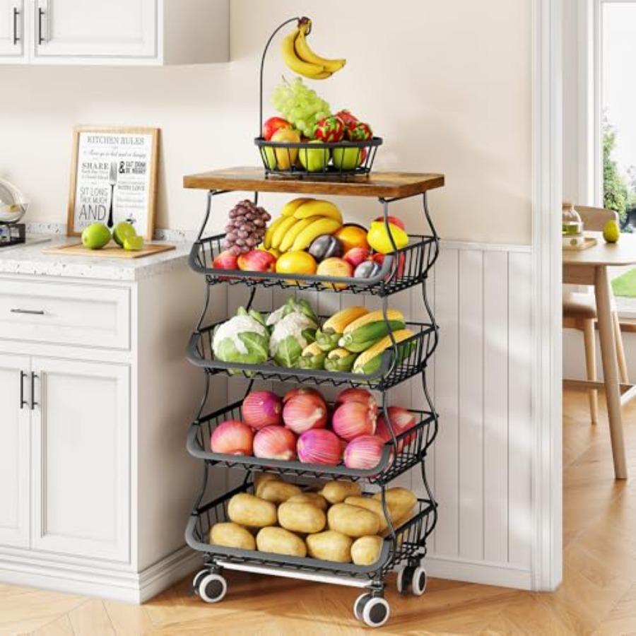

Fruit Basket Kitchen Pantry Organizers and Storage - Wooden Top Table Stackable Metal Wire Basket Stand Cart for Fruit Vegetabl United States
