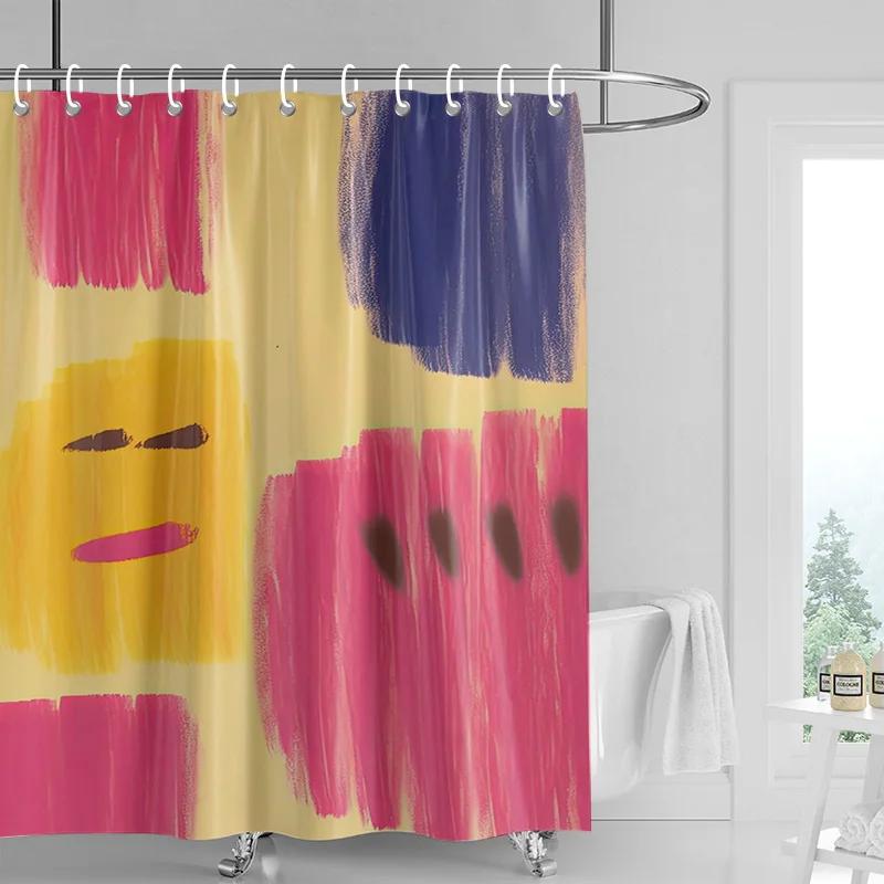 

Happy Face Shower Curtain - Vibrant Yellow & Pink Brushstrokes, Waterproof With Grommets, Playful Bathroom Decor W60H190(CM)-1 Pcs