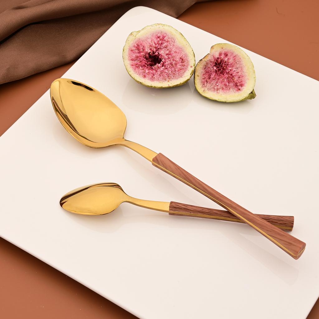 24 ks Příborů s dřevěnou rukojetí Domácí kuchyňská sada nádobí Nůž Vidlička Lžíce Čajová lžička Imitace mramoru Zrcadlová nerezová ocel Služba pro 6 osob